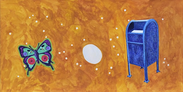 mixed media drawing on paper butterfly egg and mailbox in outer space by Holly Campbell