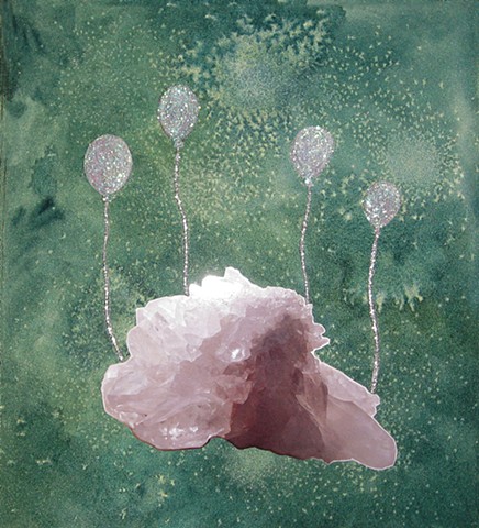 quartz crystal photograph floating with silver glitter glue balloons on a green watercolor background by Holly Campbell