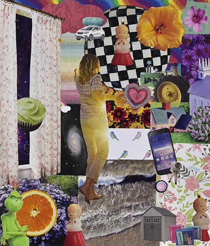 mixed-media collage contemporary collage checkerboard curtains window outerspace cupcakes orange slices the grinch john deere tractor hearts samsung galaxy phone ocean waves astronaut angel candles sheds rainbows clouds by Holly Campbell