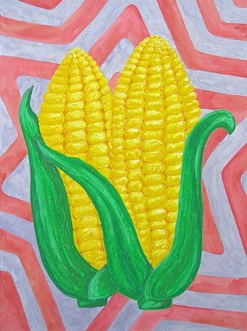 mixed-media drawing oil pastel corn ears on paper radiation star pattered background by Holly Campbell