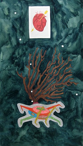 mixed media drawing on paper glittered space ship coral branch loteria heart el corazon constellation night sky by Holly Campbell