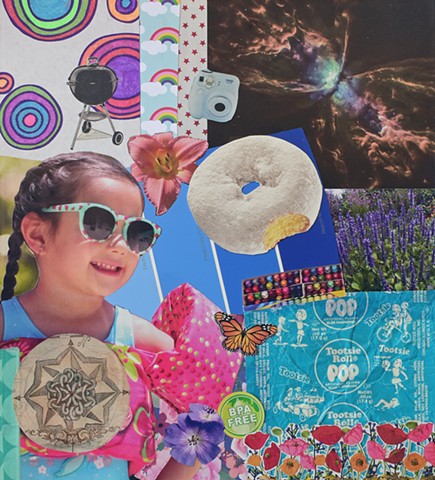 collage on paper sunglasses doughnuts crayons Crayola compass tootsie pop wrappers blues lavender Hubble image radial circles polaroid camera rainbows red stars summer by Holly Campbell