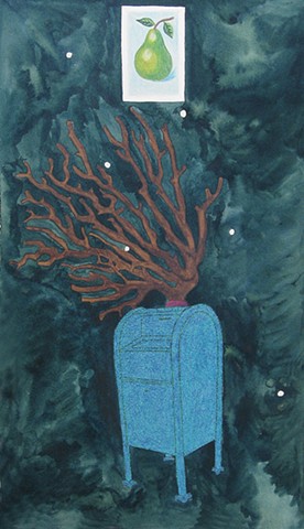 mixed media drawing on paper green pear loteria card coral branch blue glittered mailbox conctellation in night sky by Holly Campbell