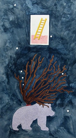 mixed media drawing on paper ladder loteria card coral branch glitter lavendar bear constellation in night sky by Holly Campbell