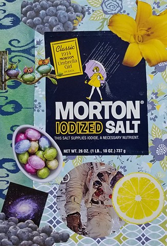 mixed-media collage on paper morton salt label with chocolate candy eggs lemon slice astronaut yellow by Holly Campbell lily, blueberries, owls, and a galaxy on a floral patterened background in teals, blues and greens