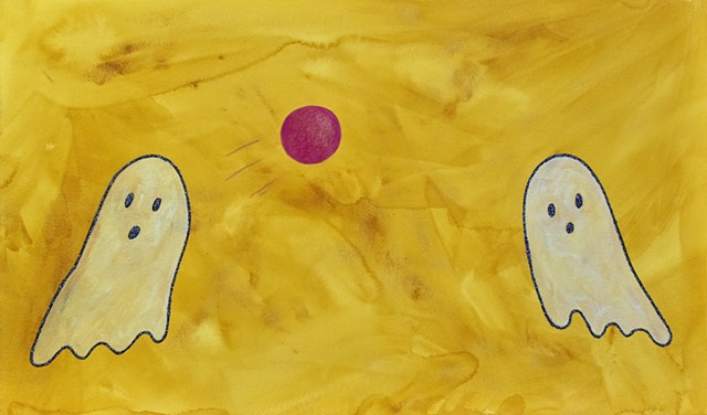 two ghosts playing catch in watercolor and color pencil by Holly Campbell
