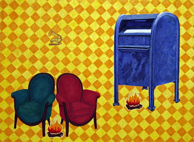color pencil drawing of orange and yellow checkerboard background with pink and green chairs, phonograph, campfire and giant blue mailbox by Holly Campbell