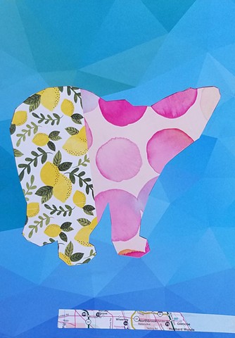 mixed-media collage on paper with teal blue geometric background pink spotted polar bear with lemon-patterend pajama pants by Holly Campbell