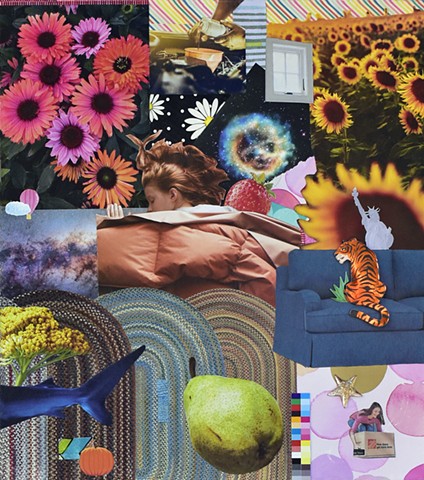 collage on paper with sunflowers a tiger and a sleeping girl