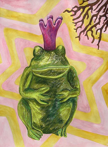watercolor and color pencil frog prince with a coral branch coming out of the corner by Holly Campbell