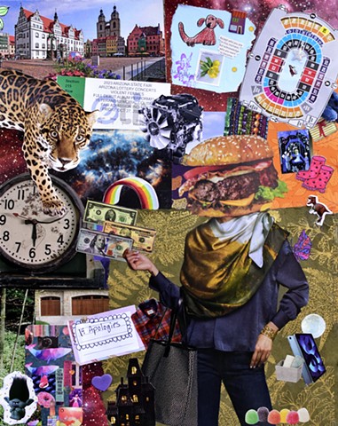 mixed-media collage with a leopard, Detroit engine, concert ticket, hamburger and a rainbow