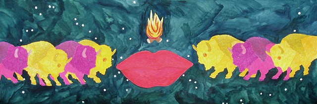 mixed media drawing on paper multiple rainbow colored bison large lips campfire outer space by Holly Campbell