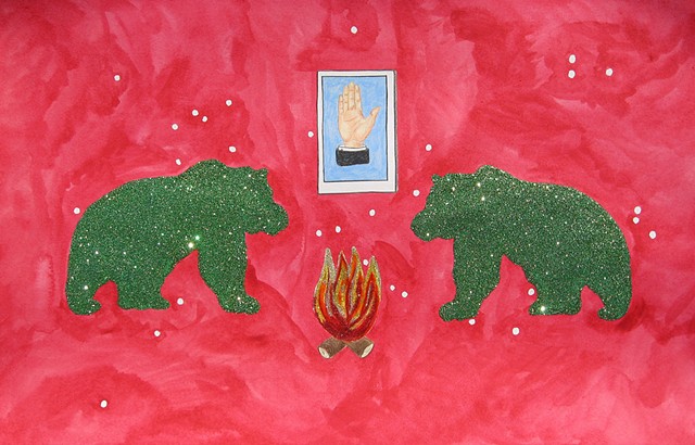mixed media drawing on paper two bears campfire la mano loteria card in outer space by Holly Campbell