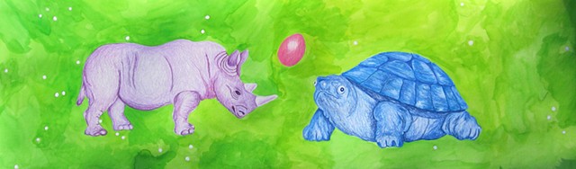 mixed media drawing on paper purple rhino blue tortoise pink egg in outer space by Holly Campbell