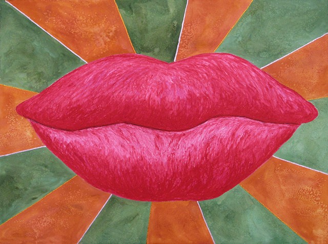 mixed media drawing large lips oil pastel on paper magikist with radiating glitter glue lines by Holly Campbell