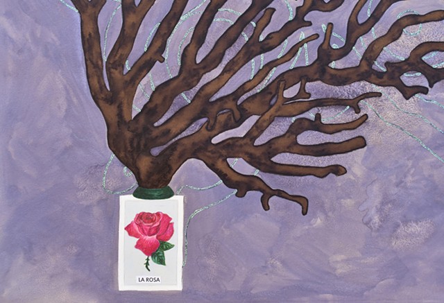 mixed media drawing of Loteria card la rosa (rose) with glitter glue butterfly and coral branch by Holly Campbell