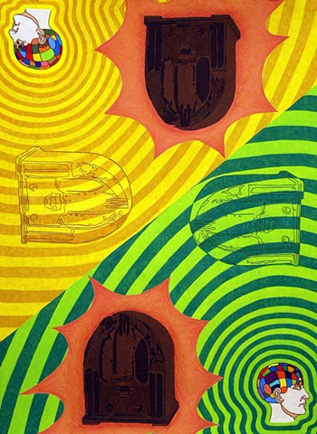 color pencil drawing on paper phrenology heads with early twentieth century radios and radio waves by Holly Campbell