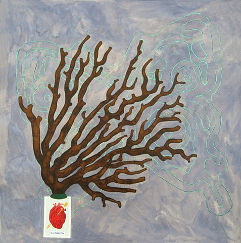 mixed media drawing of loteria card el corazon heart glitter glue butterfly coral branch watercolor by Holly Campbell