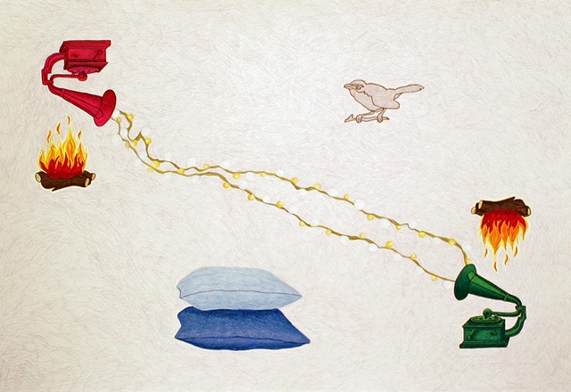 color pencil drawing on paper double camp fires, pink green phonographs, blue pillows and lavendar bird by Holly Campbell