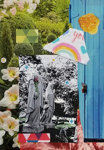 mixed-media collage on paper with a flannel rainbow blue door honey comb triangle papers lilies bushes and cemetary statues of Joseph Mary Jesus as a child by Holly Campbell