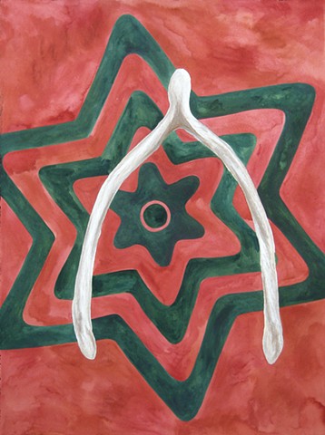 mixed media drawing wishbone repeating star background red green white oil pastel watercolor by Holly Campbell 