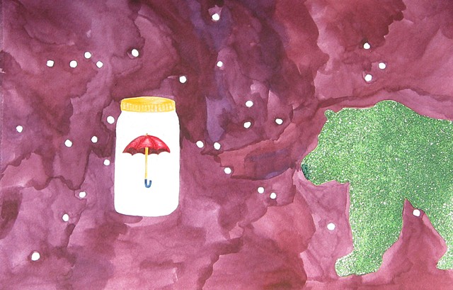 mixed media drawing on paper mason jar umbrella glittered bear in outer space by Holly Campbell
