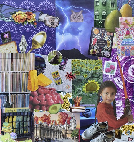 collage on paper with girl holding a light sabre, streak of lightning and incoming punch with records, sunflowers and crayons by holly campbell