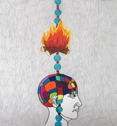 color pencil drawing on paper phrenology head connected by beads campfire by Holly Campbell  