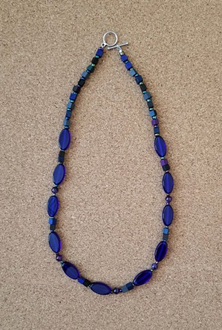 necklace cobalt blue glass amethyst wood seed beads by Holly Campbell