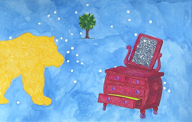 golden yellow bear, magenta dresser, glittered mirror and a small tree in outer space by Holly Campbell