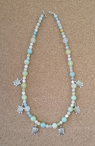 necklace turtle charms with green agate and morganite by Holly Campbell