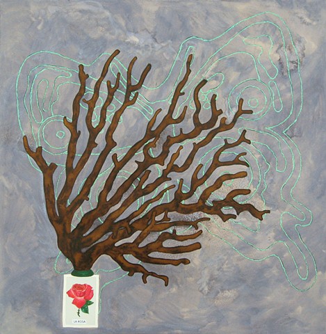 mixed media drawing of loteria card el rosa glitter glue, butterfly and coral branch watercolor by holly campbell