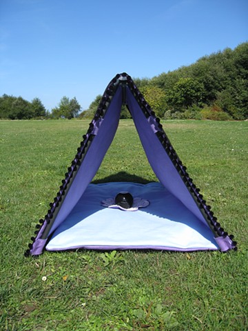 tent sculpture with magic eight ball, black pom-poms and purple felt by Holly Campbell