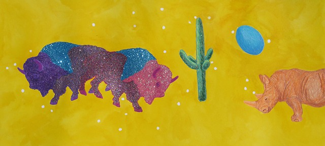 mixed media drawing siamese buffalo glittered and rainbow green cactus blue egg and orange rhino in outer space by Holly Campbell