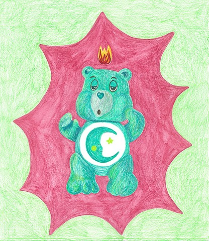 color pencil drawing on paper of bedtime bear care bear with pentecostal flame by Holly Campbell