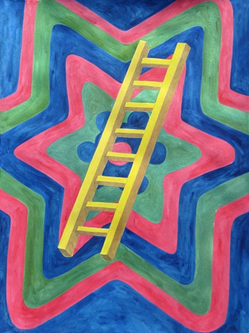 mixed media drawing ladder on paper radiating star patterned background by Holly Campbell
