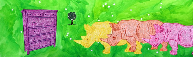 red-violet dresser, rhinos and small tree drawing by Holly Campbell