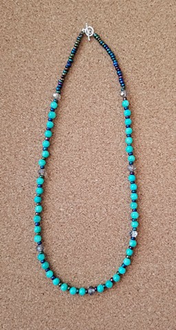 necklace aqua quartzite beads gray clear glass beads irridescent seed beads peacock blue by Holly Campbell