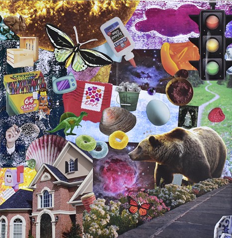 brown bear with magenta cloud, house, crayons, moth, and the surface of the sun collage on paper