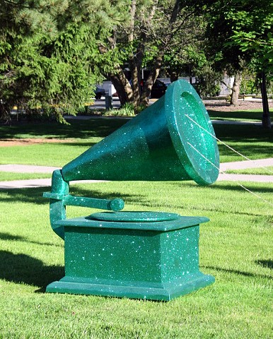 phonograph covered in green glitter with gold beaded cord by Holly Campbell