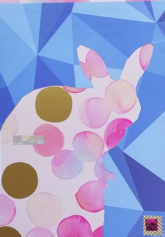 mixed-media collage on paperof a pink rabbit with a geometric blue background by Holly Campbell