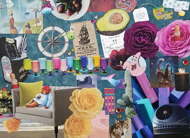 collage on paper with pastels yellow roses glass goblets roses Hubble images an avocado by Holly Campbell