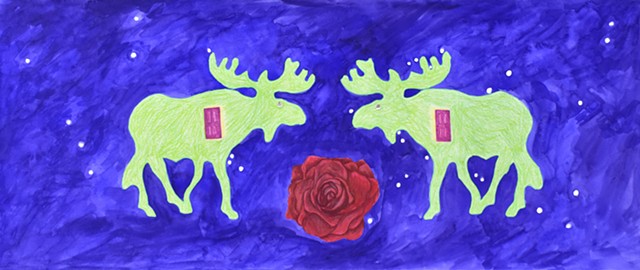 two moose, doors and a rose in outer space by Holly Campbell