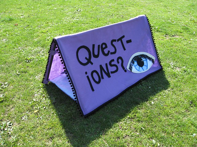 tent sculpture with magic eight ball, black pom-poms and purple felt by Holly Campbell