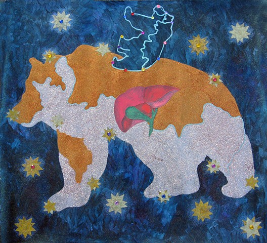 mixed media drawing of ursa major bears with a map, acrylic gems and glitter stars by Holly Campbell