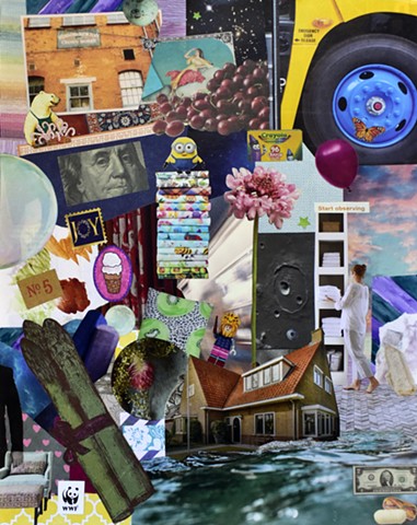 collage on paper with asparagus tires and a floating house with flowers and bubbles