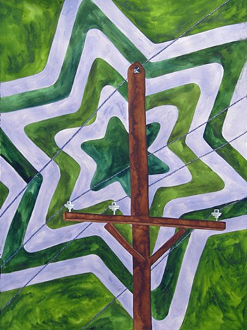 mixed media drawing telephone pole drawing watercolor on paper glittered phone lines repeating star patterened background green violet by Holly Campbell