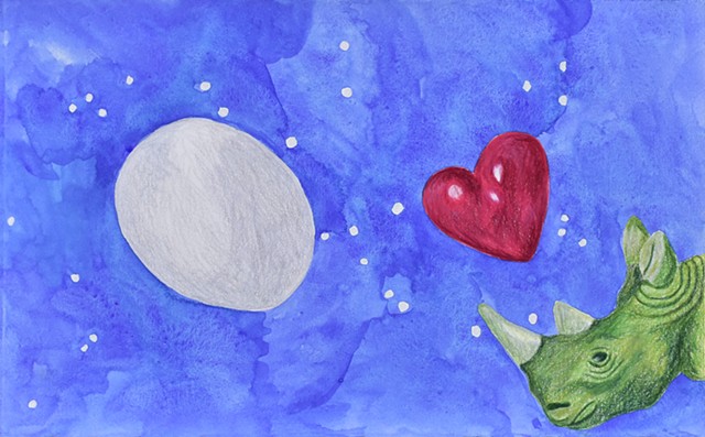 mixed-media drawing on paper, an egg, heart and rhino in outer space by Holly Campbell
