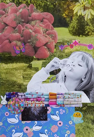 mixed-media collage on paper little girl blowing bubbles in the grass with trees strawberries piles of fabric yellow jelly fish swans and outerspace by Holly Campbell