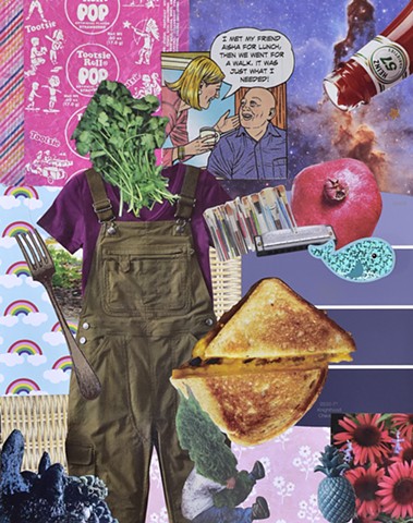 collage on paper with whale stickers ketchup Heinz 57 tootsie pop wrappers forks grilled cheese sandwich tree hugger coral reef knighthood color periwinkle ticket stubs paint brushes by Holly Campbell